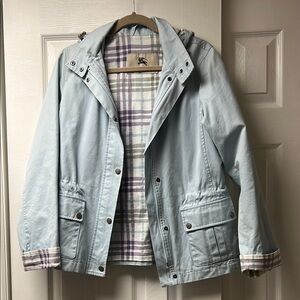 Burberry Light Blue Hooded Rain Jacket with Plaid Lining